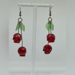 Red Skull Earrings with Green Leaf Accents Cherry Inspired